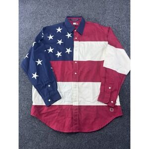 VTG Tommy Hilfiger Flag Shirt M/L USA Stars Stripes Button Up 100% Cotton Rare